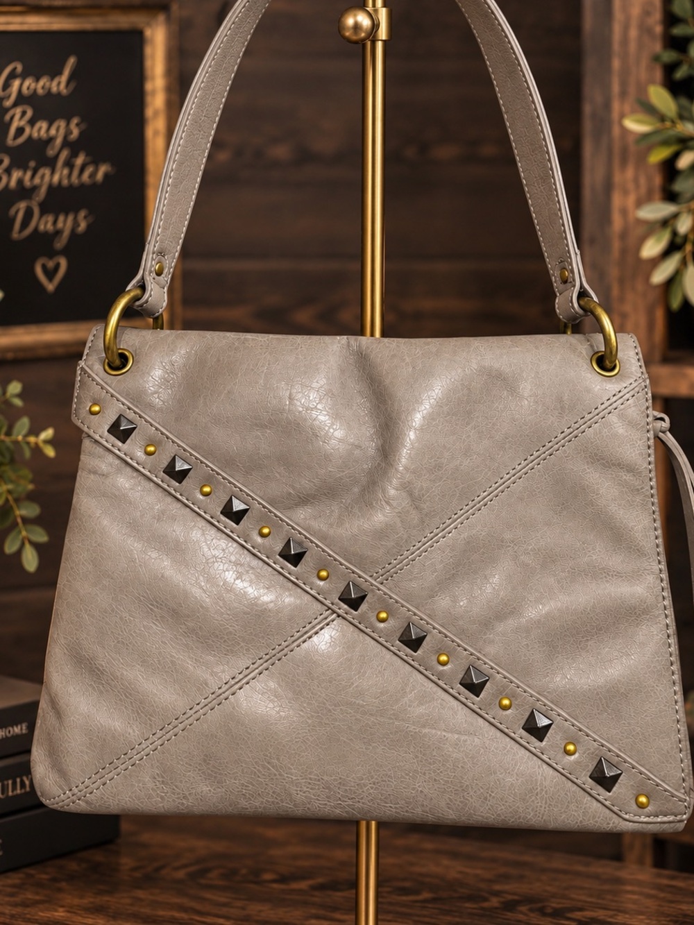 HOBO International Gray Taupe Leather Studded Shoulder Bag